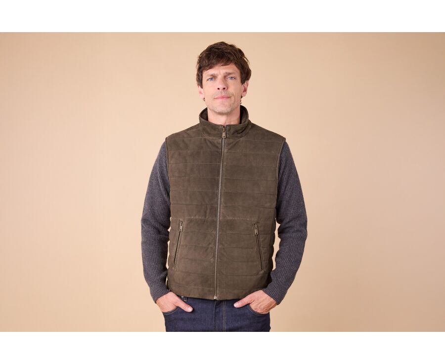 Khaki Suede sleeveless Down Jacket - NIKLAS