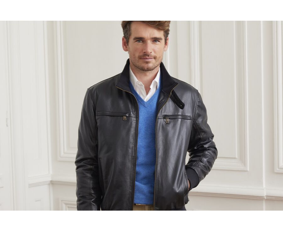 Navy Leather Jacket - CAYDEN