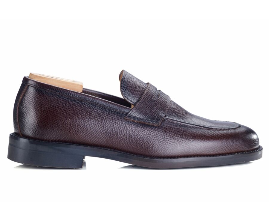 Chocolate Grained Leather Men's penny loafers - WEMIC GOMME CITY
