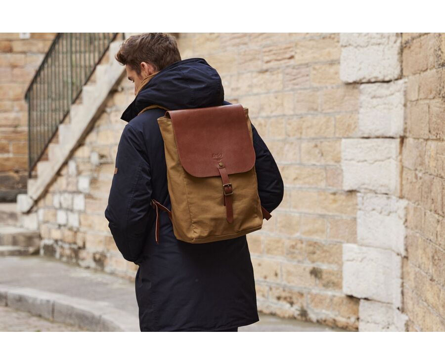 Khaki cotton canva and chestnut leather backpack - HUNTINGTON