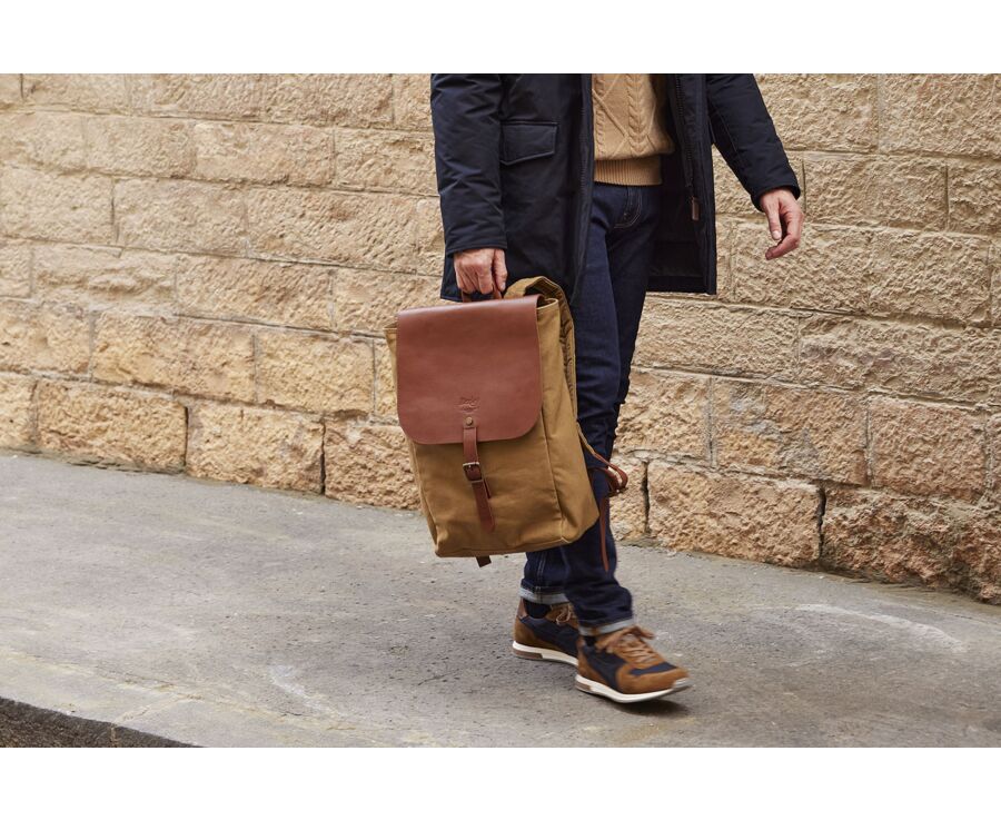 Khaki cotton canva and chestnut leather backpack - HUNTINGTON