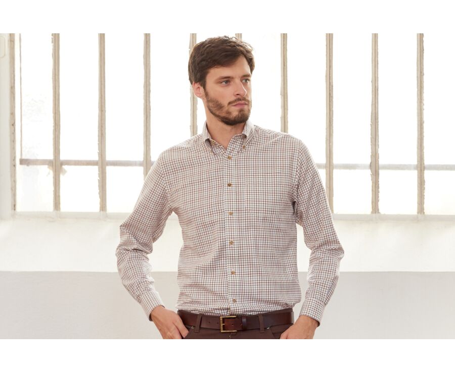 Soft Beige Twill shirt with checks - Chest pocket - BENETTH