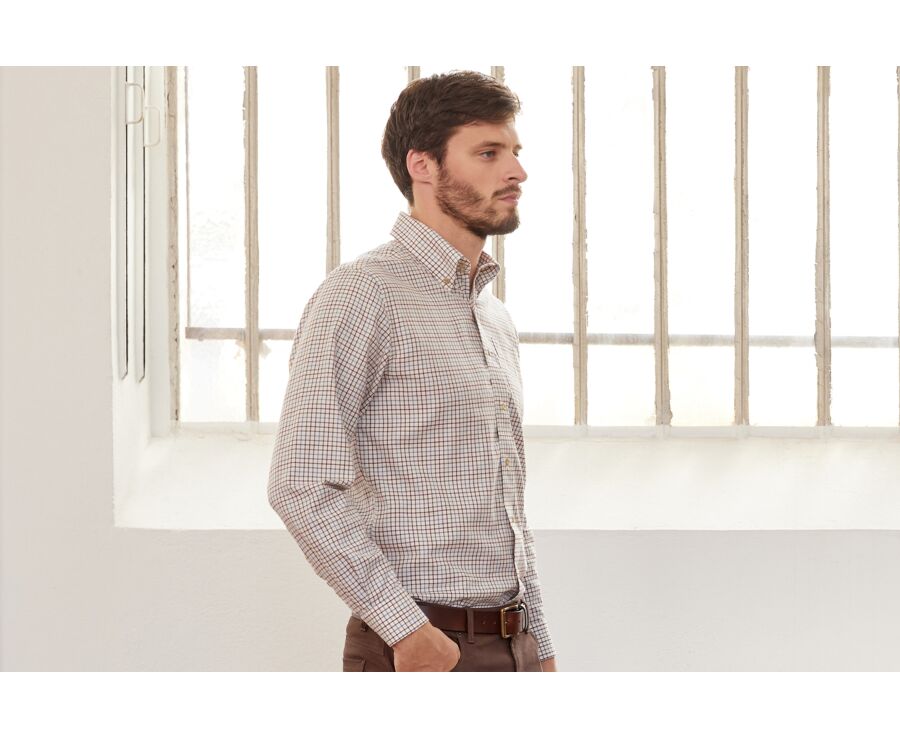 Soft Beige Twill shirt with checks - Chest pocket - BENETTH