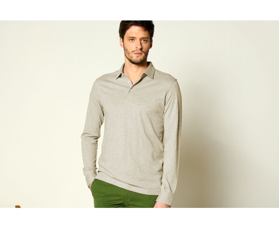 Light Taupe Melange Men's long sleeve polo shirt - AIDEN ML
