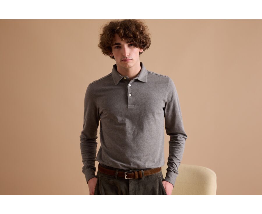 Khaki Melange Men's long sleeve polo shirt - AIDEN