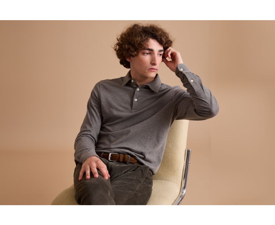 Khaki Melange Men's long sleeve polo shirt - AIDEN