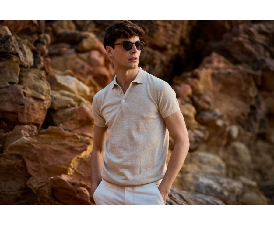 Men’s Dress Knit Polo Shirt Beige Melange - BRAIDEN