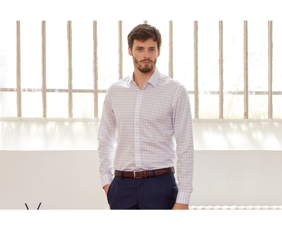 White shirt with blue checks - Straight collar - SERGIUS