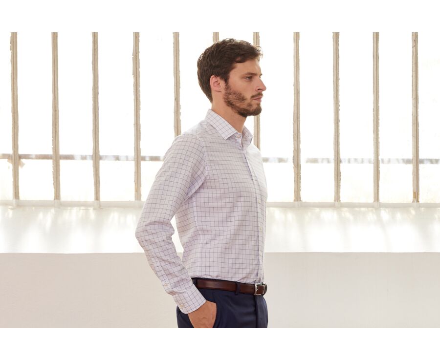 White shirt with blue checks - Straight collar - SERGIUS