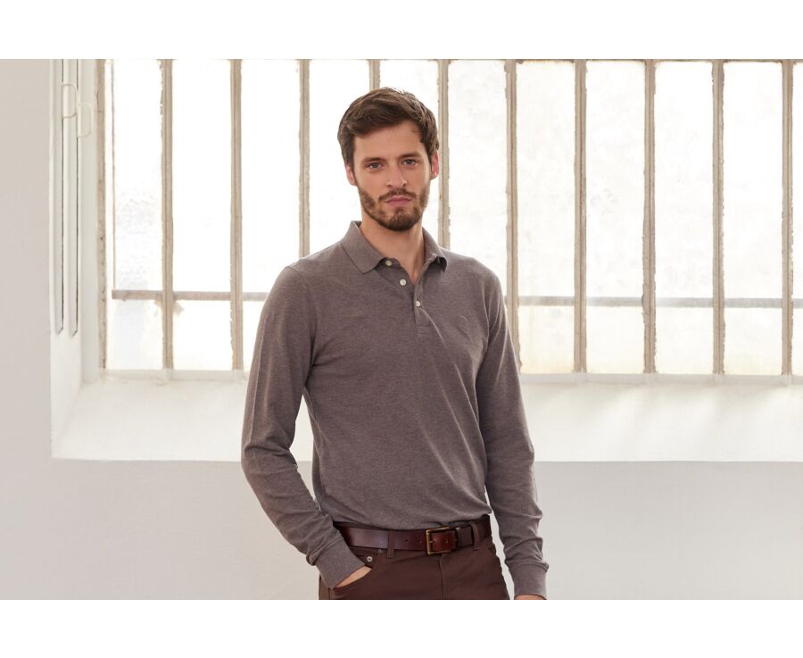Taupe melange Men's long sleeve polo shirt - ALEC II ML