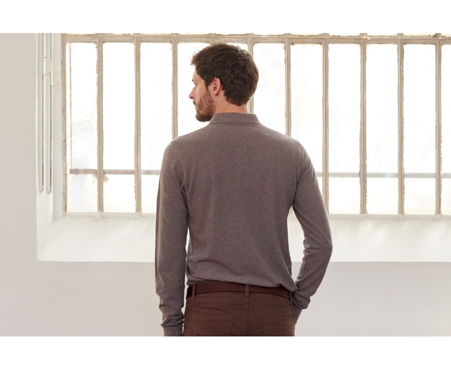 Taupe melange Men's long sleeve polo shirt - ALEC II ML