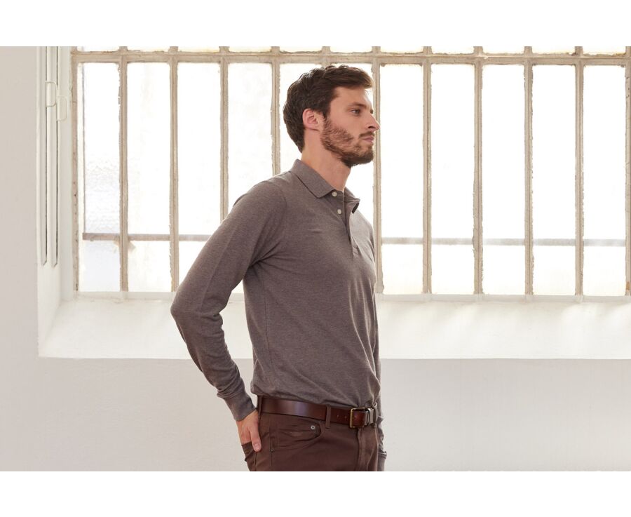 Taupe melange Men's long sleeve polo shirt - ALEC II ML