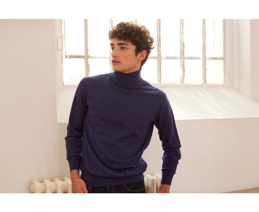 Dark Blue Melange Wool roll-neck jumper - EMERINOS