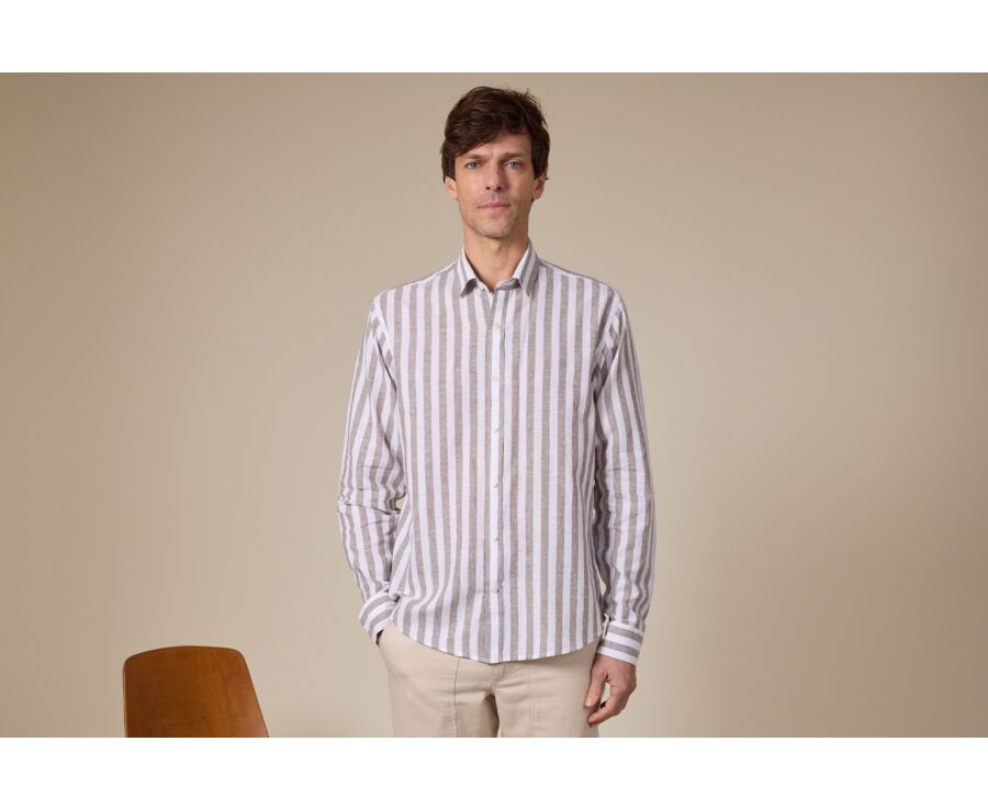 Khaki and White striped cotton linen shirt - BRUNIEN