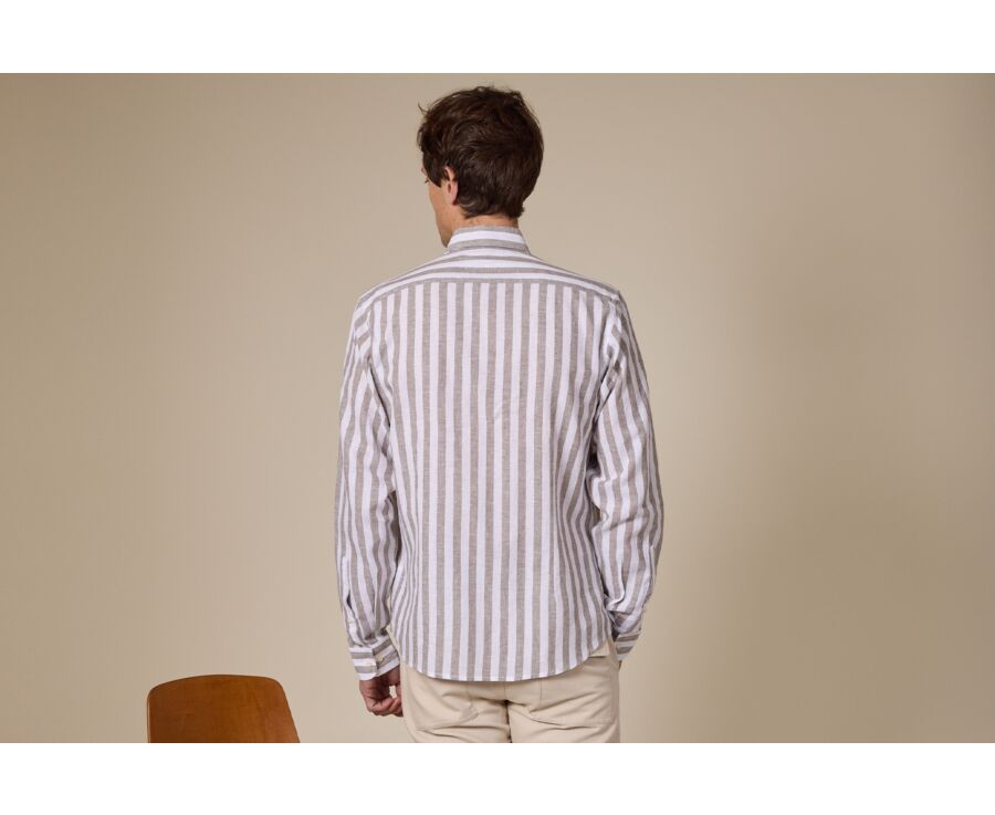 Khaki and White striped cotton linen shirt - BRUNIEN