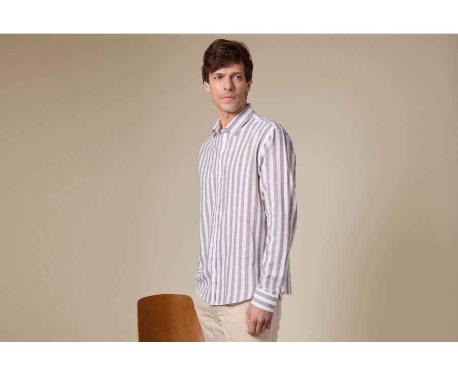 Khaki and White striped cotton linen shirt - BRUNIEN