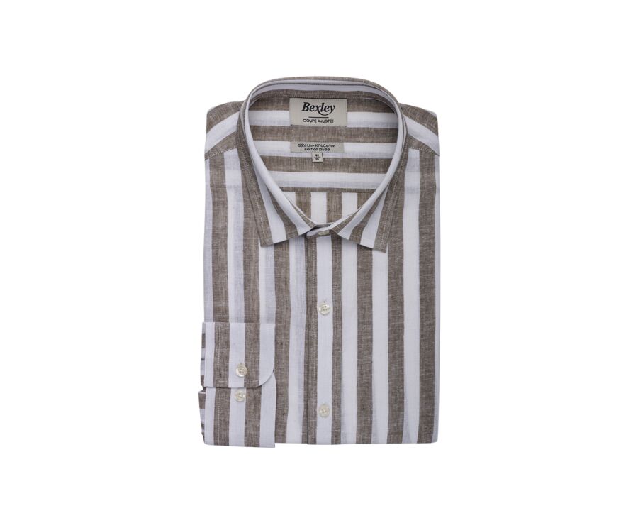 Khaki and White striped cotton linen shirt - BRUNIEN