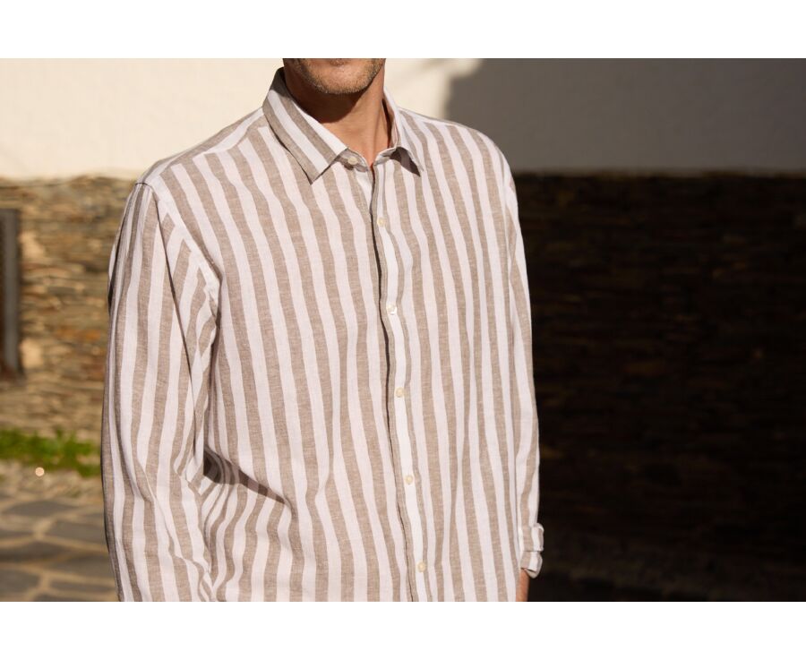 Khaki and White striped cotton linen shirt - BRUNIEN