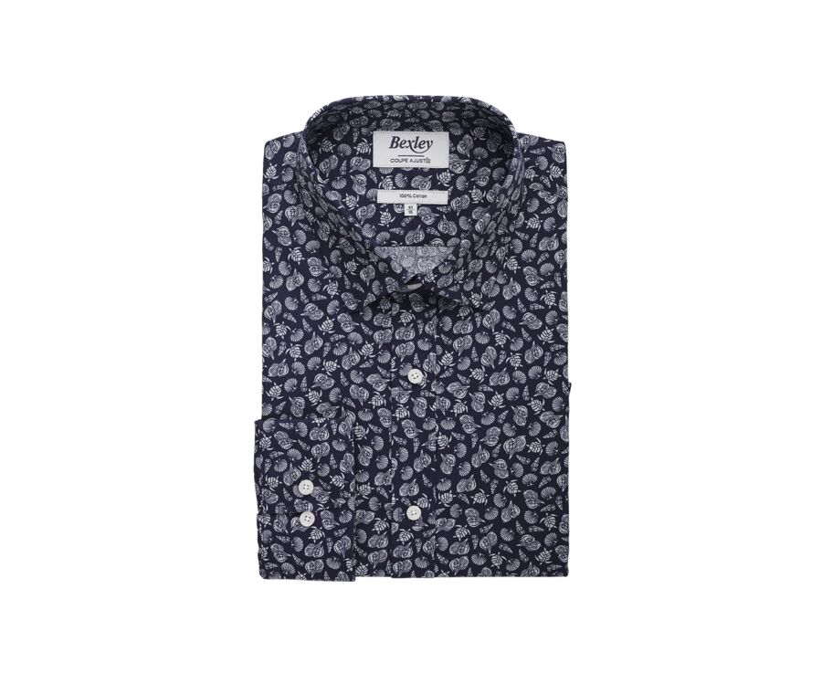 Navy shirt with Sage Green prints - Straight collar - ADELIN