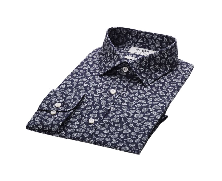 Navy shirt with Sage Green prints - Straight collar - ADELIN