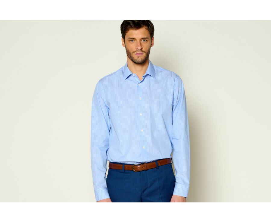 Blue & White stripes Cotton shirt - Straight collar - BERTELIN 