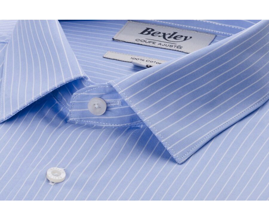 Blue & White stripes Cotton shirt - Straight collar - BERTELIN 