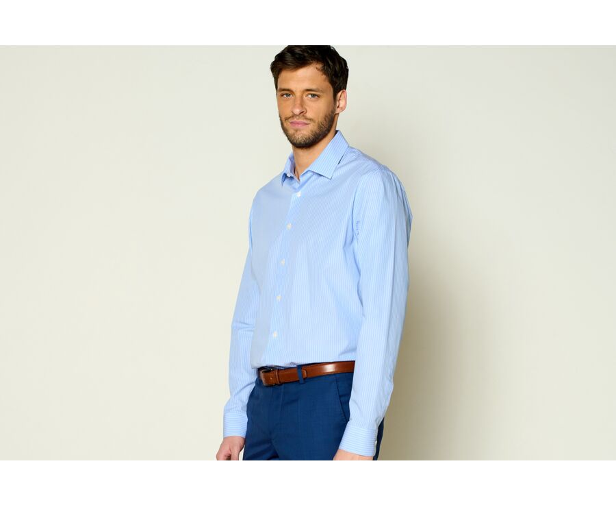 Blue & White stripes Cotton shirt - Straight collar - BERTELIN 