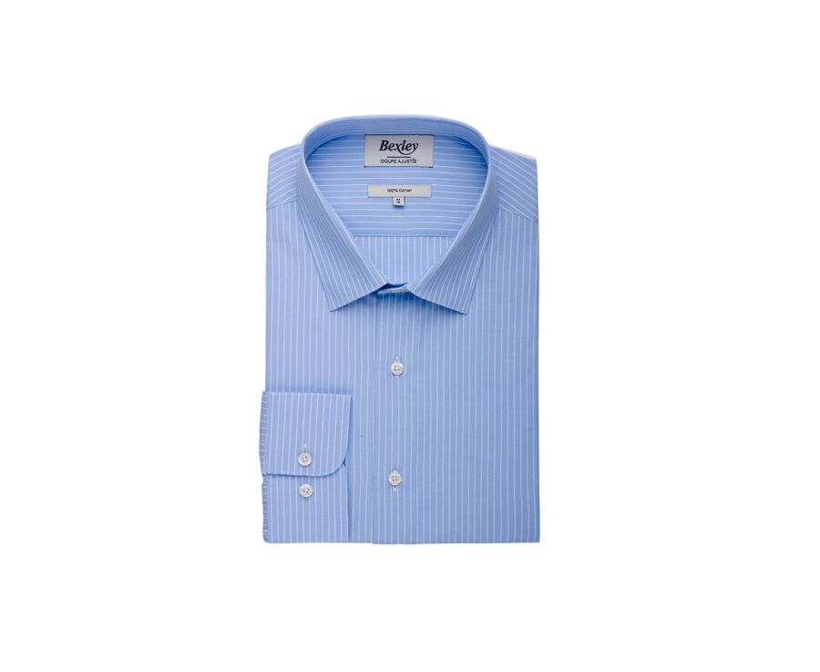 Blue & White stripes Cotton shirt - Straight collar - BERTELIN 