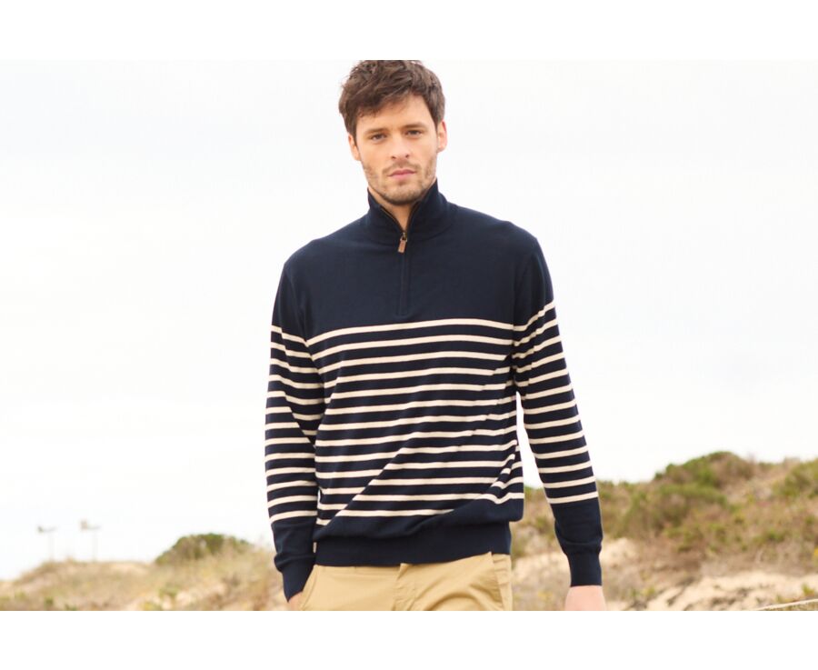 Navy &Ecru half zip organic cotton/ cashmere sailor jumper - VLADIAC