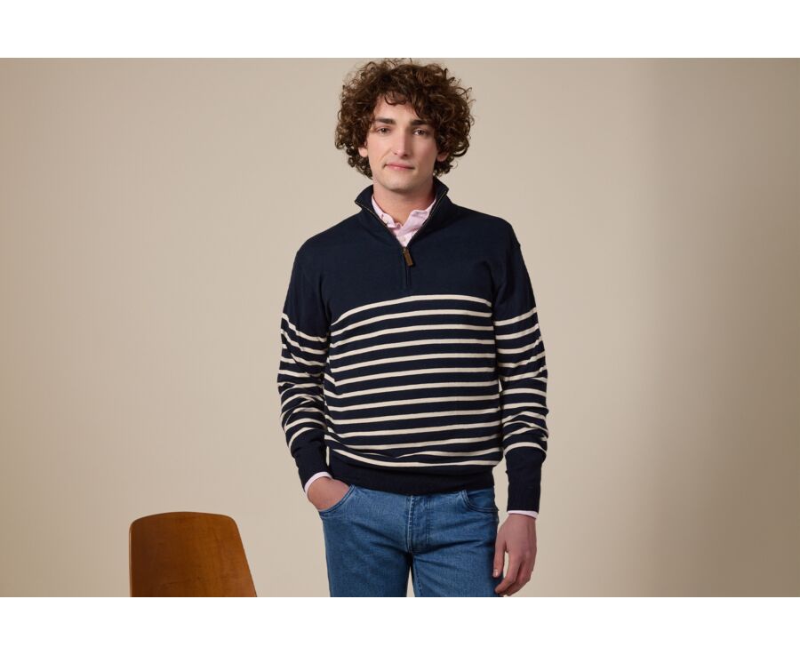 Navy &Ecru half zip organic cotton/ cashmere sailor jumper - VLADIAC