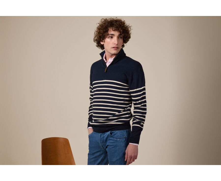 Navy &Ecru half zip organic cotton/ cashmere sailor jumper - VLADIAC