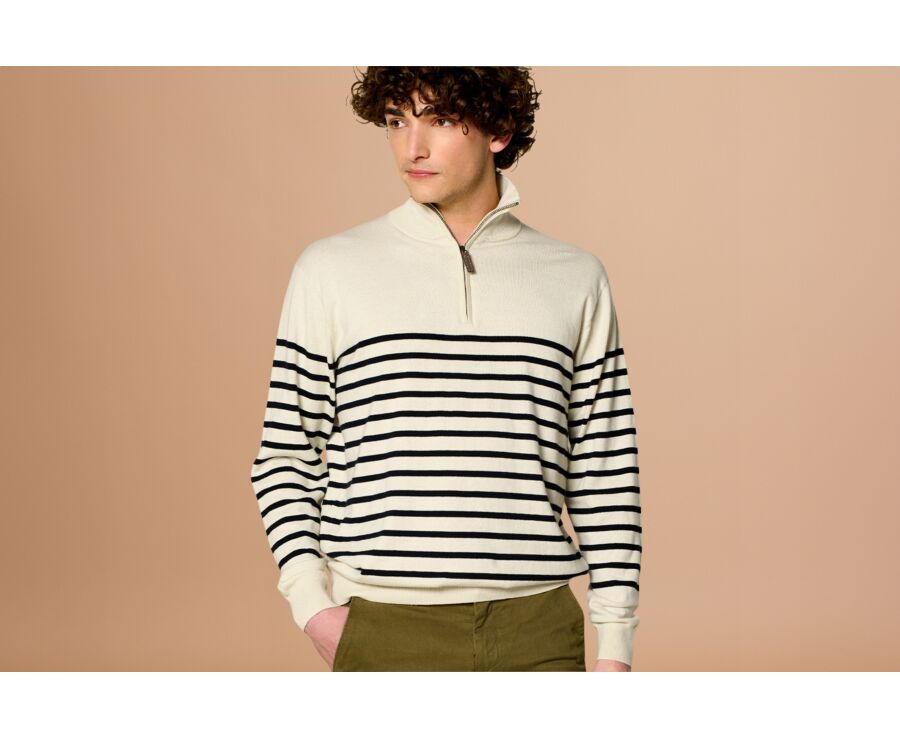 Ecru & navy half zip organic cotton/ cashmere sailor jumper - VLADIAC