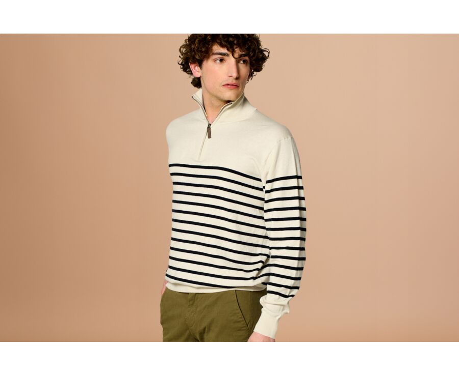 Ecru & navy half zip organic cotton/ cashmere sailor jumper - VLADIAC