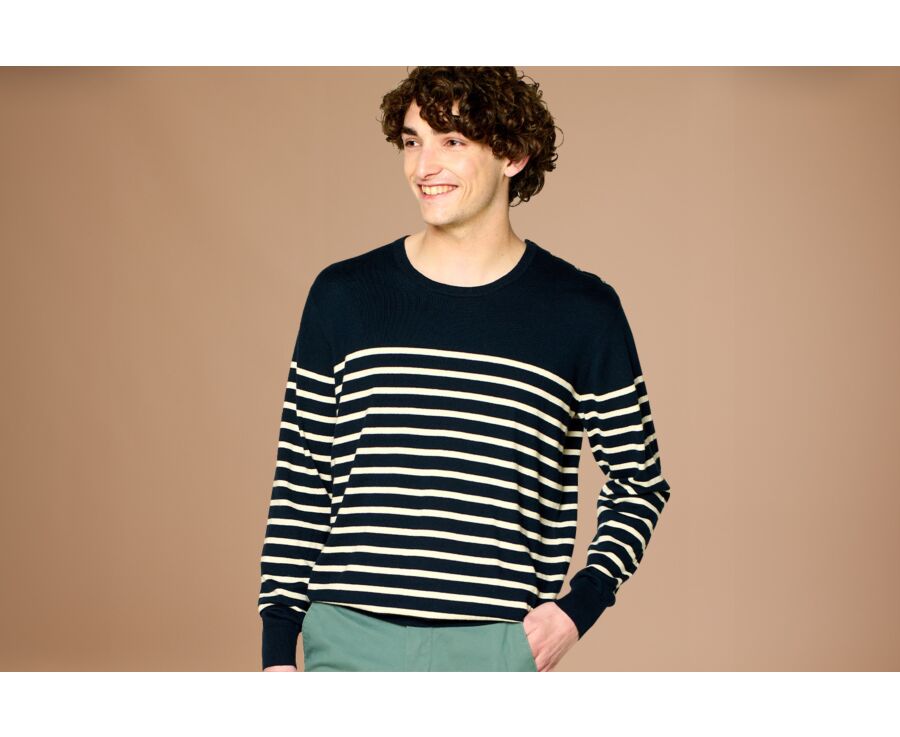 Men's sailor pullover organic cotton/ cashmere Navy & Ecru - CONIAK