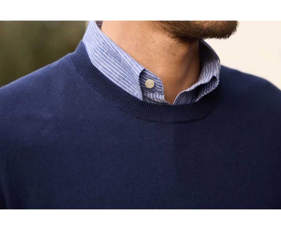 Navy Denim round-neck  cotton/linen Jumper - CLINDMIR