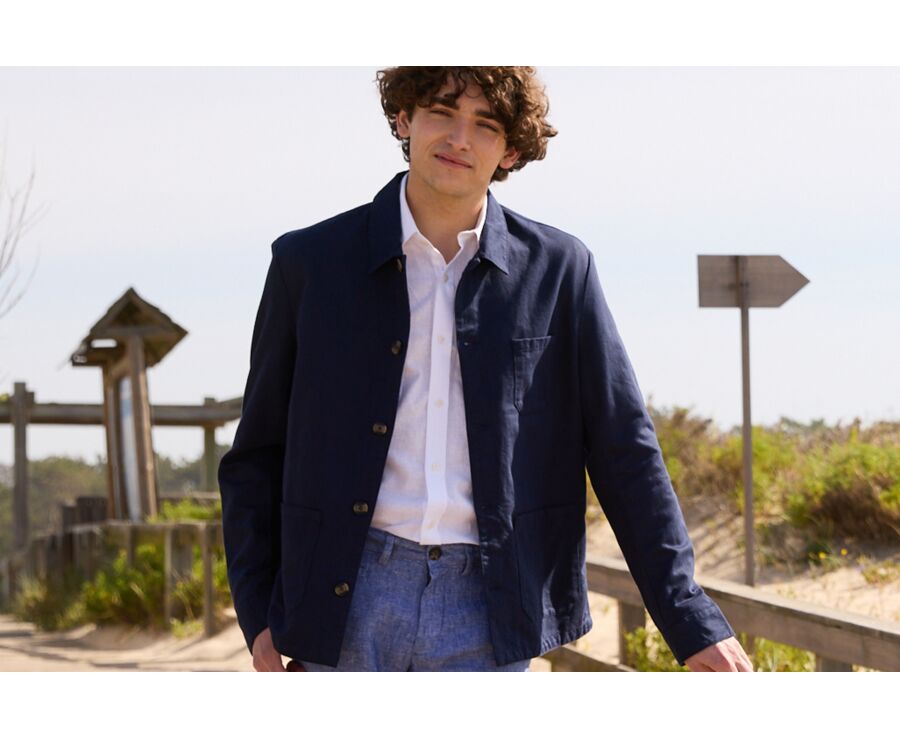 Navy Blue men's cotton/linen painter jacket - FAUSTINIEN