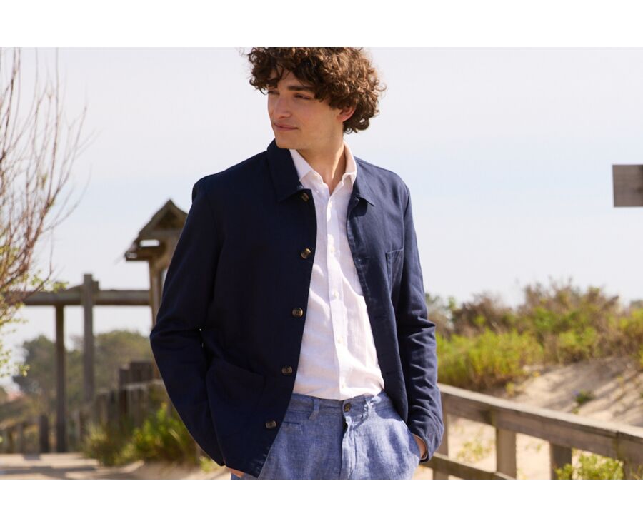 Navy Blue men's cotton/linen painter jacket - FAUSTINIEN
