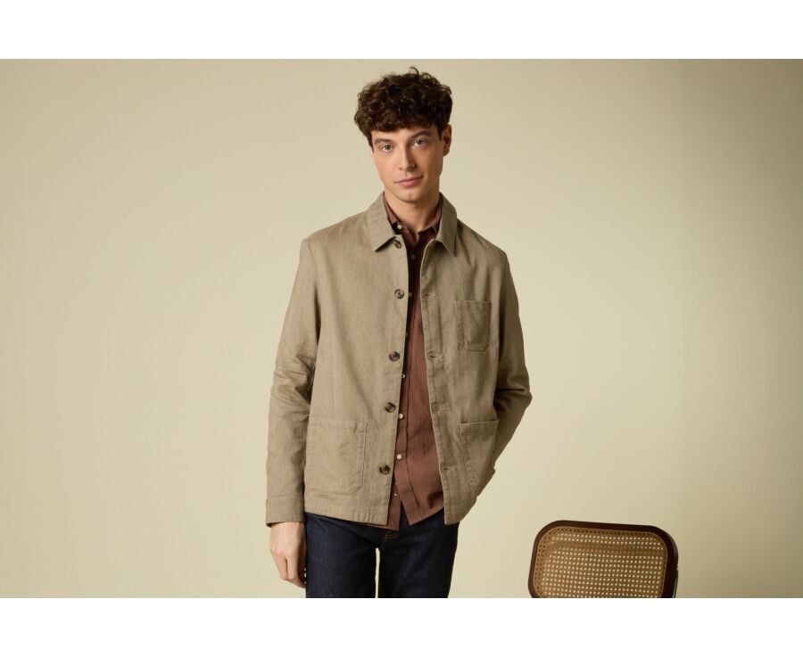 Khaki Chevron men's cotton/linen  painter jacket - FAUSTINIEN