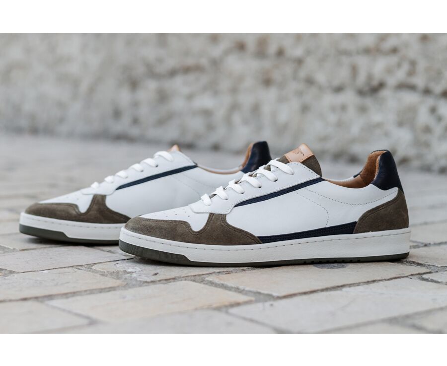 Khaki White Suede & Navy Men's Trainers - KOLORA
