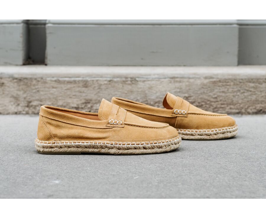 Velvet Beige Suede Men's Moccasins with espadrille sole - PANAREA