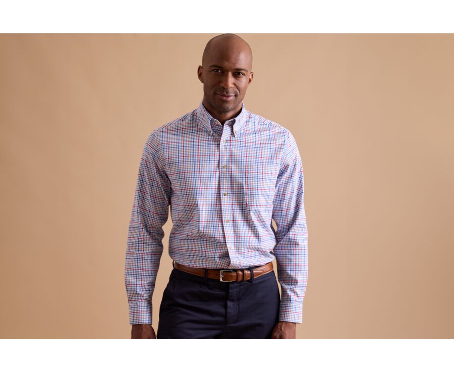 Light blue, red and camel Cotton Shirt - American collar - SHANTON