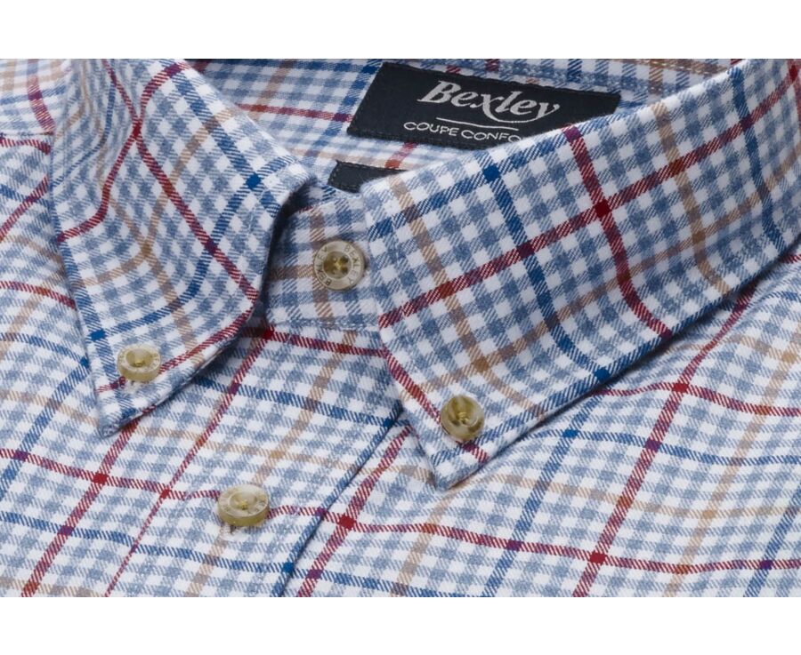 Light blue, red and camel Cotton Shirt - American collar - SHANTON
