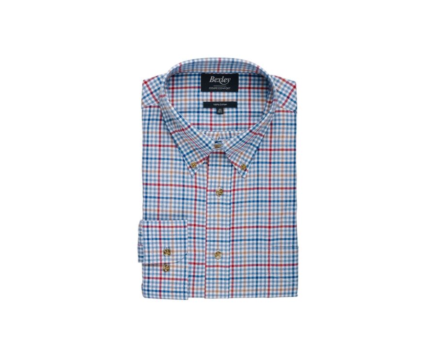Light blue, red and camel Cotton Shirt - American collar - SHANTON
