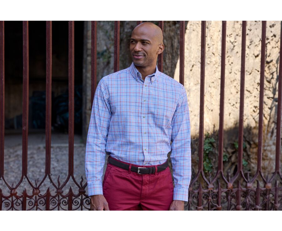 Light blue, red and camel Cotton Shirt - American collar - SHANTON