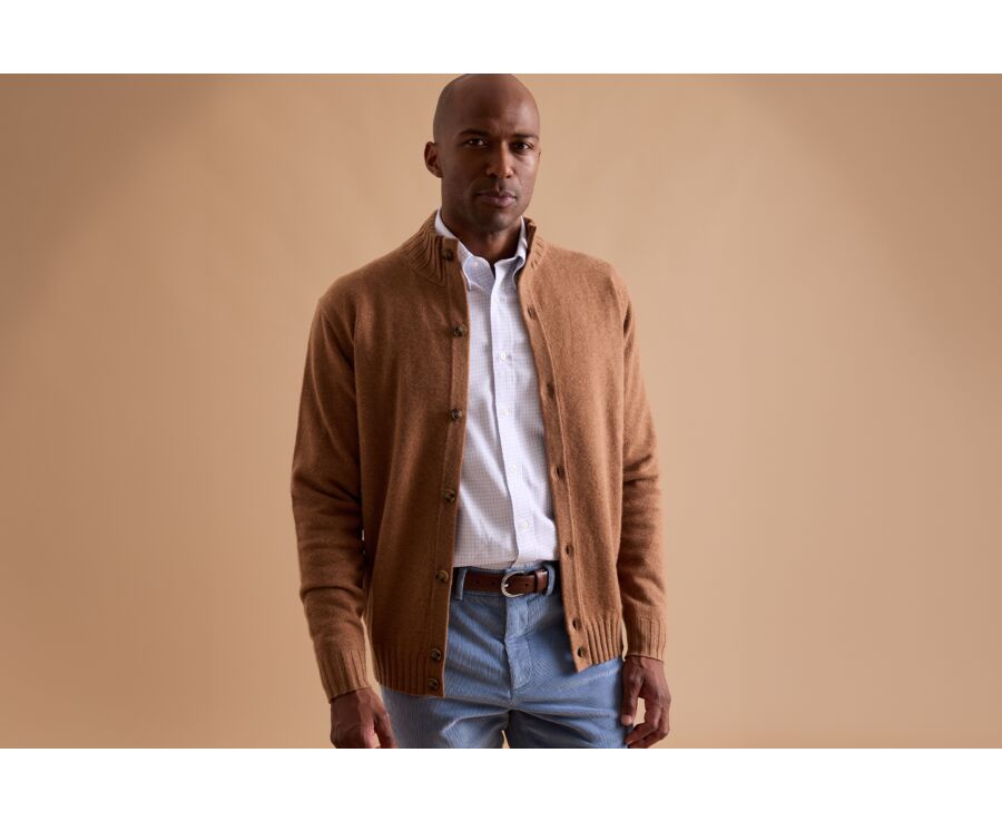 Melange Hazelnut Buttoned High Collar Cardigan - KIMSEY