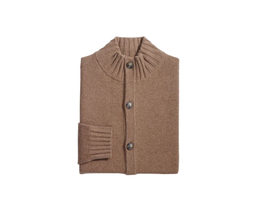 Melange Hazelnut Buttoned High Collar Cardigan - KIMSEY