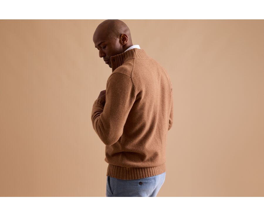 Melange Hazelnut Buttoned High Collar Cardigan - KIMSEY