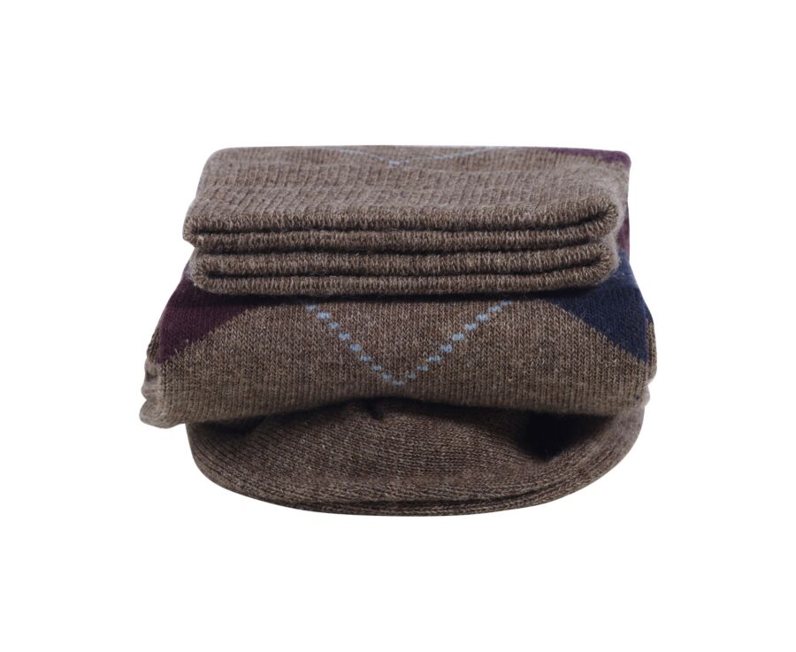 Thick cotton socks with diamond pattern Taupe and Burgundy