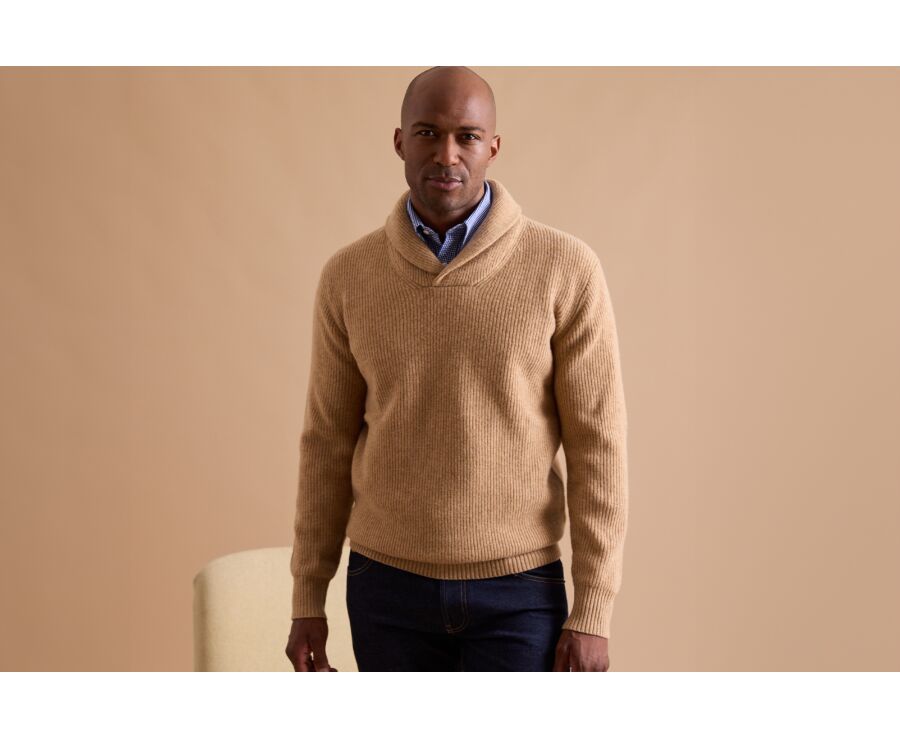 Men's wool Shawl collar jumper Dark Beige Melange - KELLAN