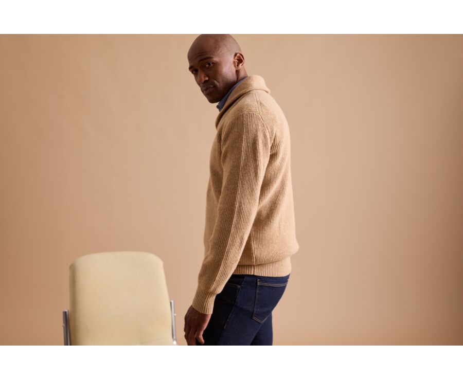 Men's wool Shawl collar jumper Dark Beige Melange - KELLAN